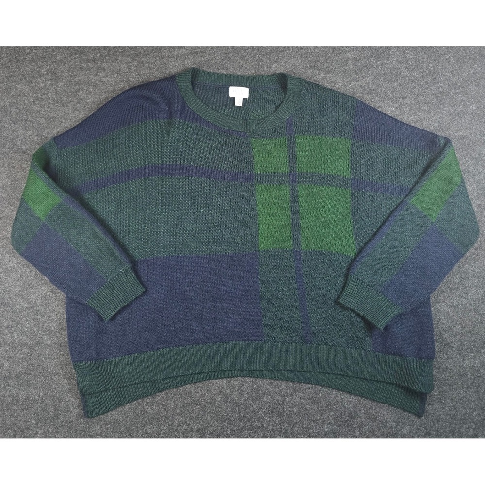 Time & Tru Mens Green Blue Plaid Sweater Crew Neck Long Sleeve Chunky Size L
